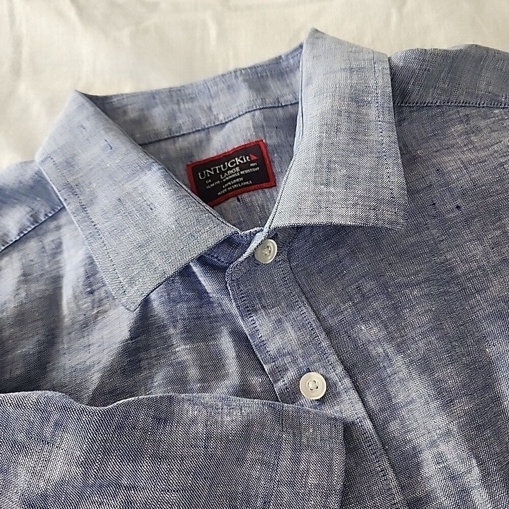 Untuckit 100% Linen Shirt Mens L Button Up Blue Short Sleeve Slim Fit Valente WF